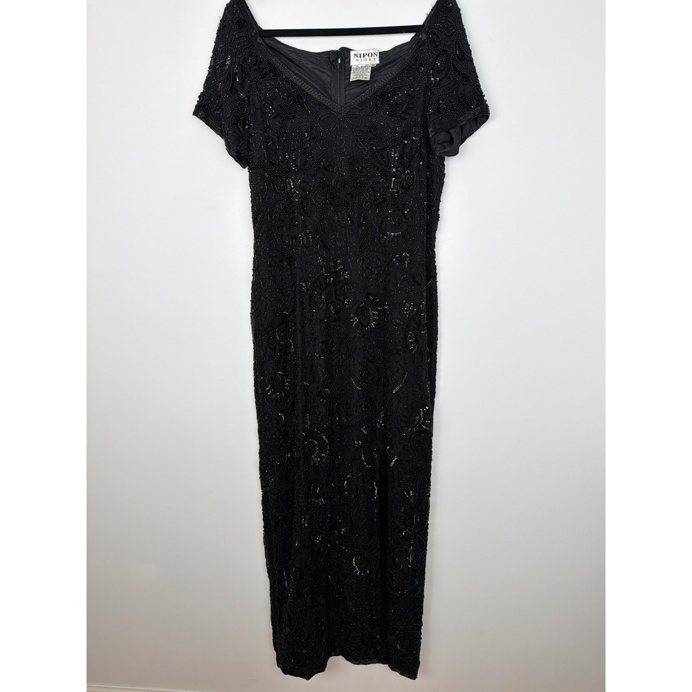 Nipon Night Vintage 90s Formal Gown Maxi 14 Black Beaded Silk Sequin Dress